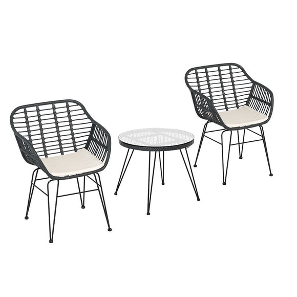 Gardeon 3PC Outdoor Furniture Bistro Set Lounge Setting Table Chairs Cushion Patio Grey - RnR Galore