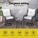 Gardeon 3PC Outdoor Furniture Bistro Set Lounge Wicker Swivel Chairs Table Cushion Grey - RnR Galore