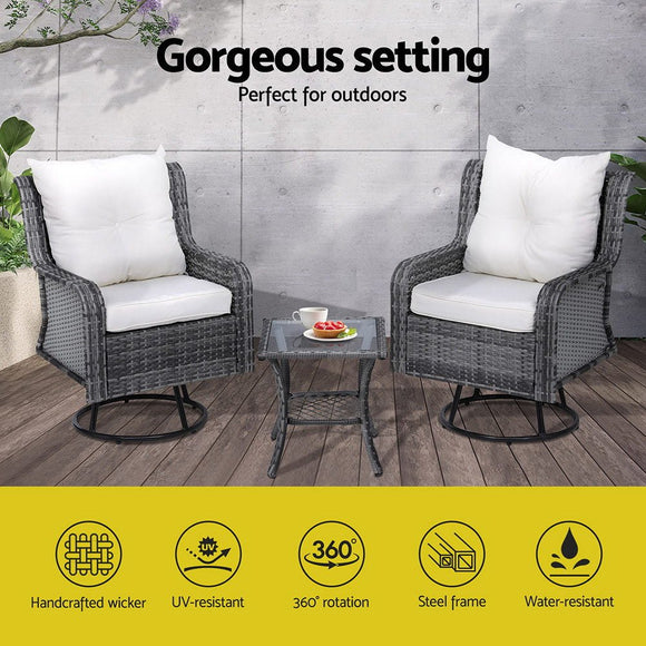 Gardeon 3PC Outdoor Furniture Bistro Set Lounge Wicker Swivel Chairs Table Cushion Grey - RnR Galore