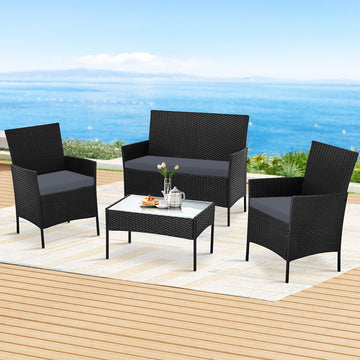 Gardeon 4 Seater Outdoor Sofa Set Wicker Setting Table Chair Furniture Dark Grey - RnR Galore