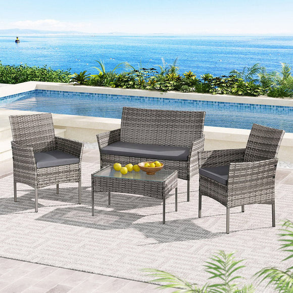 Gardeon 4 Seater Outdoor Sofa Set Wicker Setting Table Chair Furniture Grey - RnR Galore