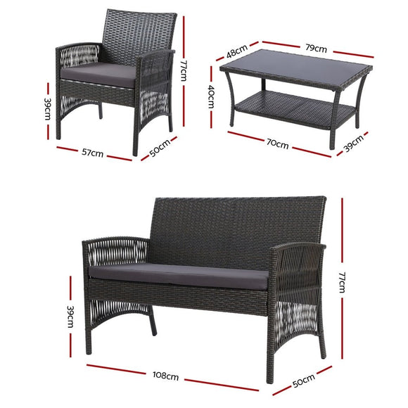 Gardeon 4PCS Outdoor Sofa Set Wicker Harp Chair Table Garden Furniture Grey - RnR Galore