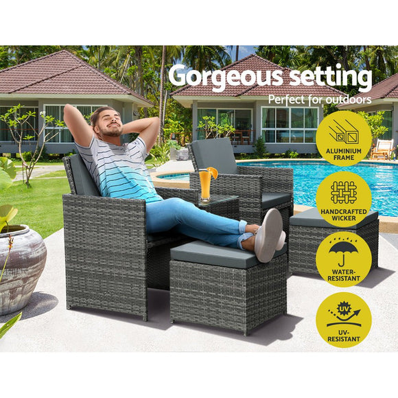 Gardeon 5PC Bistro Set Wicker Table and Chairs Ottoman Outdoor Furniture Grey - RnR Galore