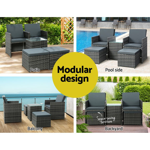 Gardeon 5PC Bistro Set Wicker Table and Chairs Ottoman Outdoor Furniture Grey - RnR Galore