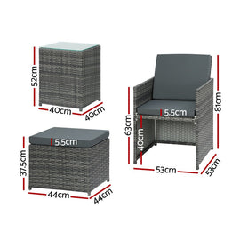 Gardeon 5PC Bistro Set Wicker Table and Chairs Ottoman Outdoor Furniture Grey - RnR Galore