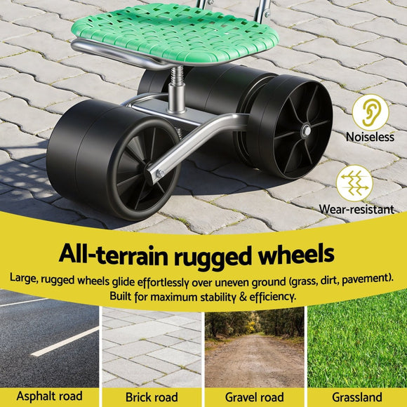 Gardeon Gardening Cart with 360° Swivel Seat | Rolling Work Seat with Adjustable Height & All - Terrain Wheels | 130KG Capacity Heavy Duty Garden Scooter for Back Pain Relief & Vehicle Detailing | Foldable Backrest & Ventilated Seat, Green - RnR Galore