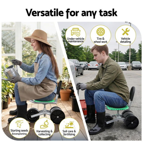 Gardeon Gardening Cart with 360° Swivel Seat | Rolling Work Seat with Adjustable Height & All - Terrain Wheels | 130KG Capacity Heavy Duty Garden Scooter for Back Pain Relief & Vehicle Detailing | Foldable Backrest & Ventilated Seat, Green - RnR Galore