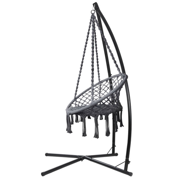 Gardeon Hammock Chair with Steel Stand Macrame Outdoor Swinging Grey - RnR Galore
