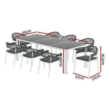 Gardeon Outdoor Dining Set 9 Piece Steel Table Chairs Setting White - RnR Galore