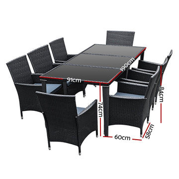 Gardeon Outdoor Dining Set 9 Piece Wicker Lounge Setting Black - RnR Galore