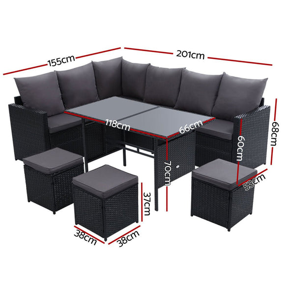 Gardeon Outdoor Dining Set Sofa Lounge Setting Chairs Table Ottoman Black Cover - RnR Galore