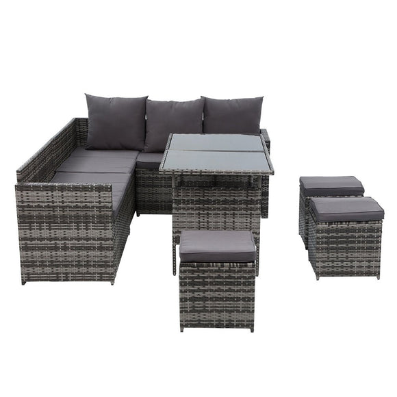 Gardeon Outdoor Dining Set Sofa Lounge Setting Chairs Table Ottoman Grey Cover - RnR Galore