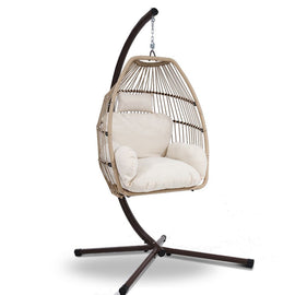 Gardeon Outdoor Egg Swing Chair Hanging Chair Wicker Rope Pod Stand Cushion Latte - RnR Galore