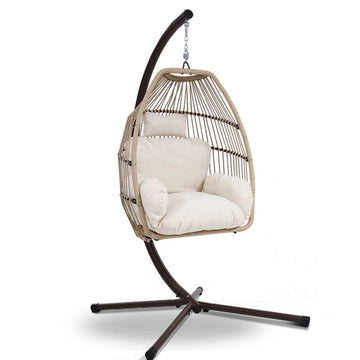 Gardeon Outdoor Egg Swing Chair Hanging Chair Wicker Rope Pod Stand Cushion Latte - RnR Galore