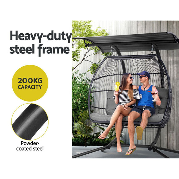 Gardeon Outdoor Egg Swing Chair Wicker Furniture Pod Stand Canopy 2 Seater Grey - RnR Galore