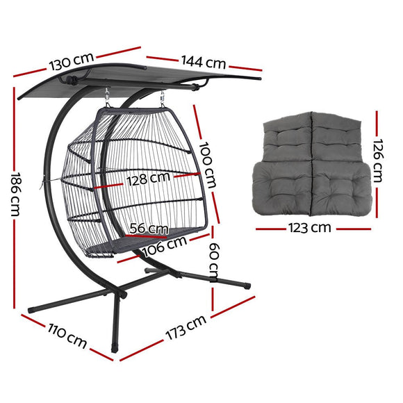 Gardeon Outdoor Egg Swing Chair Wicker Furniture Pod Stand Canopy 2 Seater Grey - RnR Galore