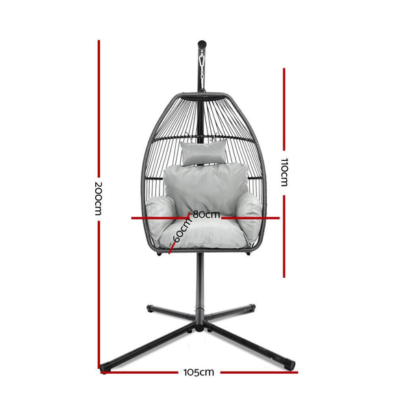 Gardeon Outdoor Egg Swing Chair Wicker Rope Furniture Pod Stand Cushion Grey - RnR Galore