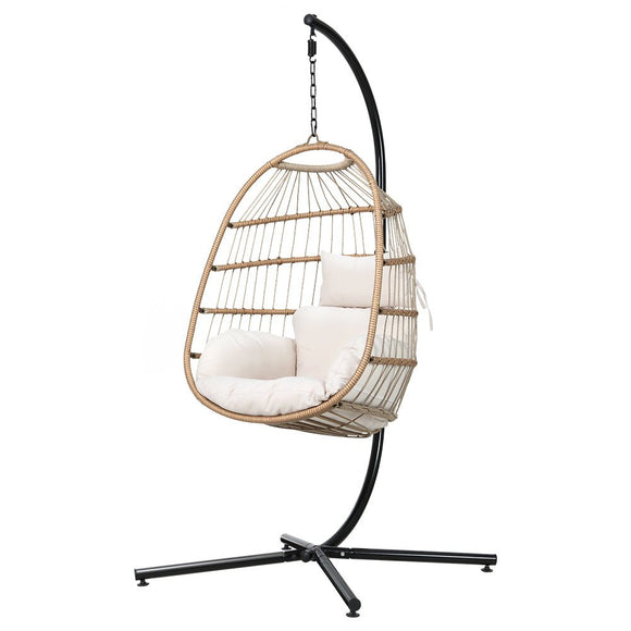 Gardeon Outdoor Egg Swing Chair Wicker Rope Furniture Pod Stand Foldable Yellow - RnR Galore