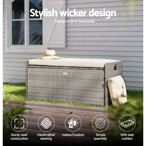 Gardeon Outdoor Storage Bench Box Wicker Garden Sheds Tools Cushion Patio Furniture Grey - RnR Galore