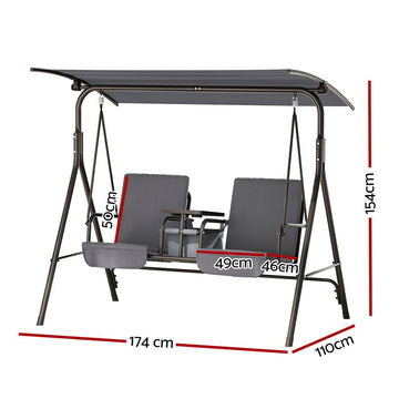 Gardeon Outdoor Swing Chair Garden Chair Canopy Cup Holder 2 Seater Grey - RnR Galore