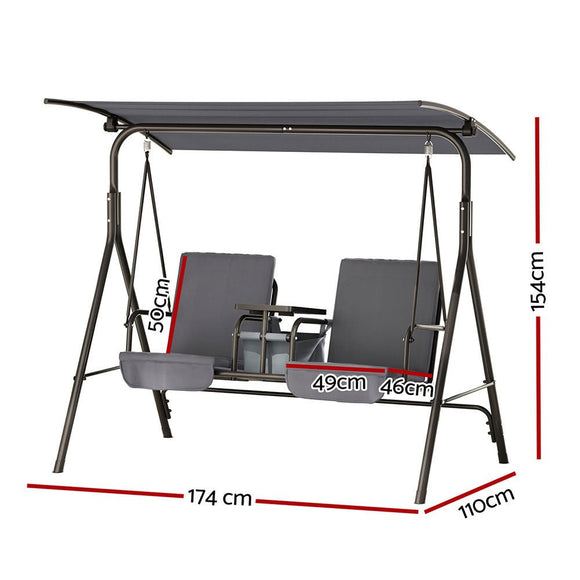 Gardeon Outdoor Swing Chair Garden Chair Canopy Cup Holder 2 Seater Grey - RnR Galore