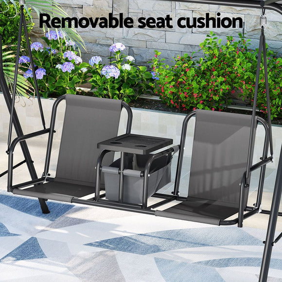 Gardeon Outdoor Swing Chair Garden Chair Canopy Cup Holder 2 Seater Grey - RnR Galore