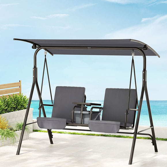 Gardeon Outdoor Swing Chair Garden Chair Canopy Cup Holder 2 Seater Grey - RnR Galore