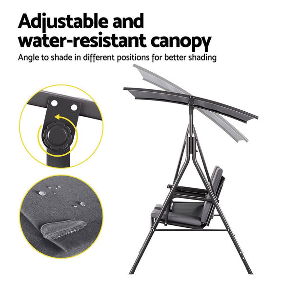 Gardeon Outdoor Swing Chair Garden Chair Canopy Cup Holder 2 Seater Grey - RnR Galore