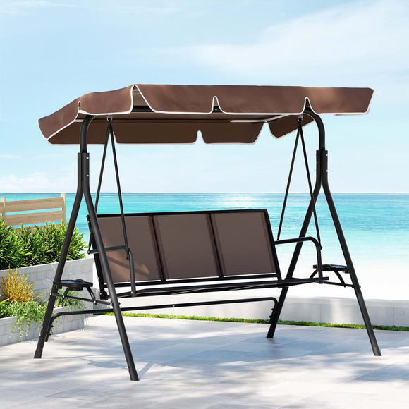 Gardeon Outdoor Swing Chair Garden Chair Canopy Cup Holder 3 Seater Brown - RnR Galore