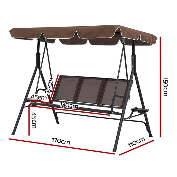 Gardeon Outdoor Swing Chair Garden Chair Canopy Cup Holder 3 Seater Brown - RnR Galore