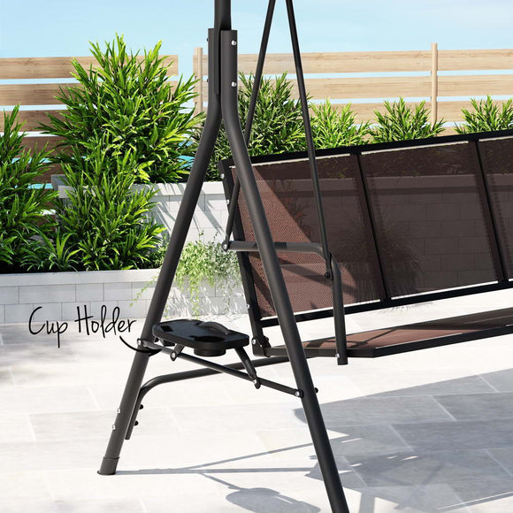 Gardeon Outdoor Swing Chair Garden Chair Canopy Cup Holder 3 Seater Brown - RnR Galore