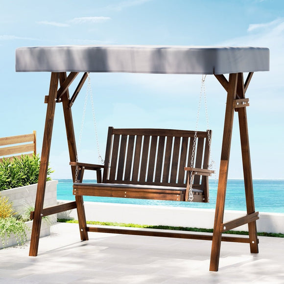 Gardeon Outdoor Wooden Swing Chair Garden Bench Canopy Cushion 2 Seater Charcoal - RnR Galore