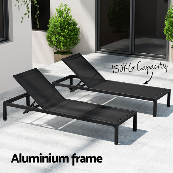 Gardeon Sun Lounge Outdoor Lounger Aluminium Folding Beach Chair Wheels Black - RnR Galore