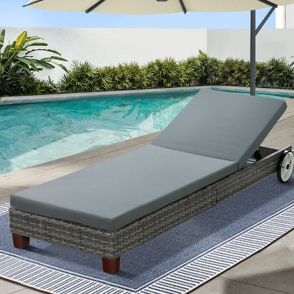 Gardeon Sun Lounge Wicker Lounger Outdoor Furniture Day Bed Wheels Patio Grey - RnR Galore