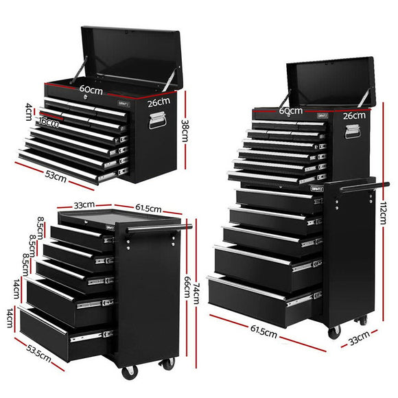 Giantz 15 Drawers Tool Chest Trolley Toolbox 2 - in - 1 Storage Black - RnR Galore