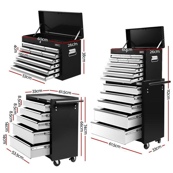 Giantz 15 Drawers Tool Chest Trolley Toolbox 2 - in - 1 Storage Black& Grey - RnR Galore