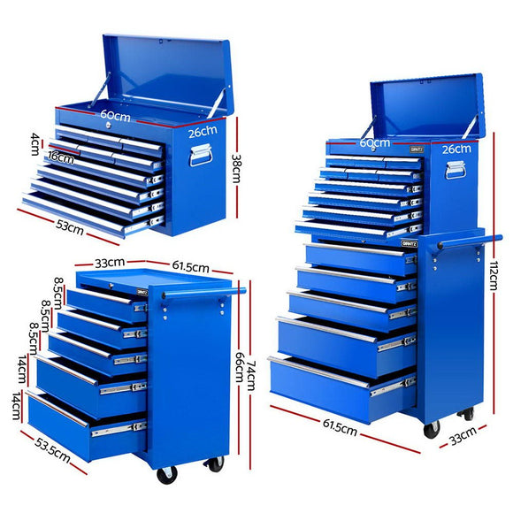 Giantz 15 Drawers Tool Chest Trolley Toolbox 2 - in - 1 Storage Blue - RnR Galore