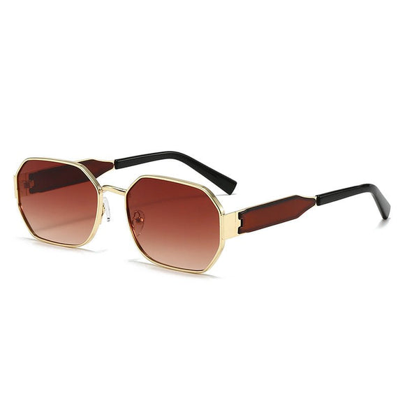 Gold Frame and Brown Lenses Modern Retro Geometric Sunglasses - Chic Metal Frame with UV400 Lenses and Black PU Leather Protective Case - RnR Galore