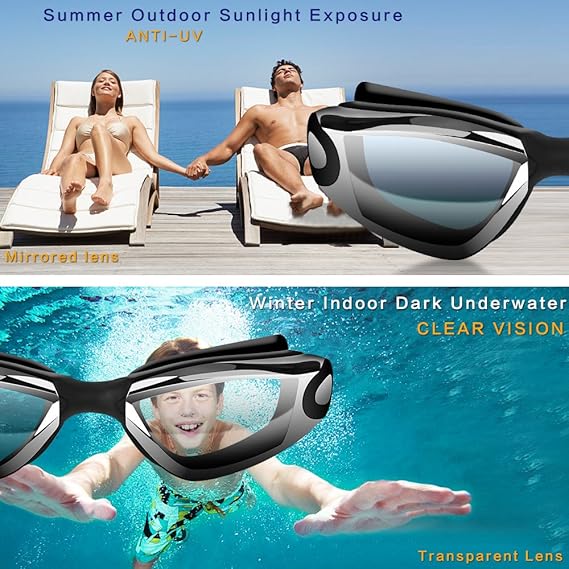 Gray Swim Goggles Set with Cap, Nose Clip, Earplugs & Case: Anti - Fog UV Protection for Men & Women - RnR Galore