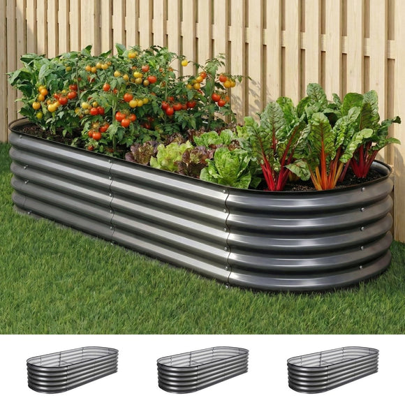Green Fingers 3 Pcs Raised Garden Bed Kit Oval Galvanized Steel Planter Boxes 160x80x42cm, Heavy Duty Metal Elevated Garden Bed for Vegetables Flowers Herbs, with Safety Edging, Gloves & Pegs Included - RnR Galore