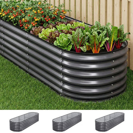 Green Fingers 3 Pcs Raised Garden Bed Kit Oval Galvanized Steel Planter Boxes 240x80x56cm, Heavy Duty Metal Elevated Garden Bed for Vegetables Flowers Herbs, with Safety Edging, Gloves & Pegs Included - RnR Galore