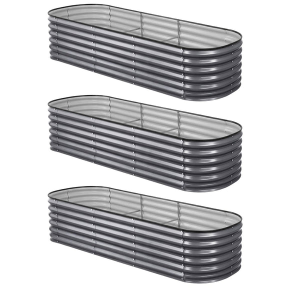 Green Fingers 3 Pcs Raised Garden Bed Kit Oval Galvanized Steel Planter Boxes 240x80x56cm, Heavy Duty Metal Elevated Garden Bed for Vegetables Flowers Herbs, with Safety Edging, Gloves & Pegs Included - RnR Galore