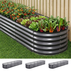 Green Fingers 3 Pcs Raised Garden Bed Kit Oval Galvanized Steel Planter Boxes 320x80x42cm, Heavy Duty Metal Elevated Garden Bed for Vegetables Flowers Herbs, with Safety Edging, Gloves & Pegs Included - RnR Galore