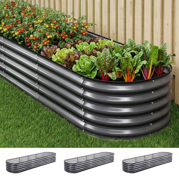 Green Fingers 3 Pcs Raised Garden Bed Kit Oval Galvanized Steel Planter Boxes 320x80x42cm, Heavy Duty Metal Elevated Garden Bed for Vegetables Flowers Herbs, with Safety Edging, Gloves & Pegs Included - RnR Galore