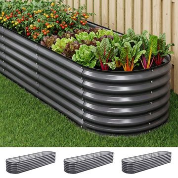 Green Fingers 3 Pcs Raised Garden Bed Kit Oval Galvanized Steel Planter Boxes 320x80x56cm, Heavy Duty Metal Elevated Garden Bed for Vegetables Flowers Herbs, with Safety Edging, Gloves & Pegs Included - RnR Galore