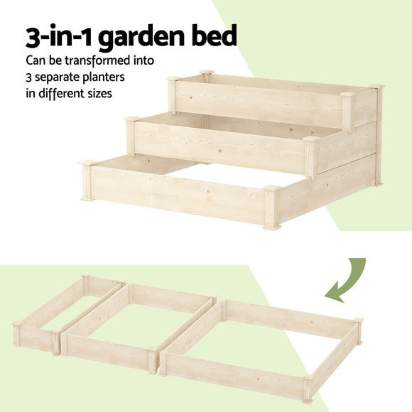 Green Fingers 3 - Tier Wooden Raised Garden Bed Elevated Ground Vegetable Planter Box - RnR Galore