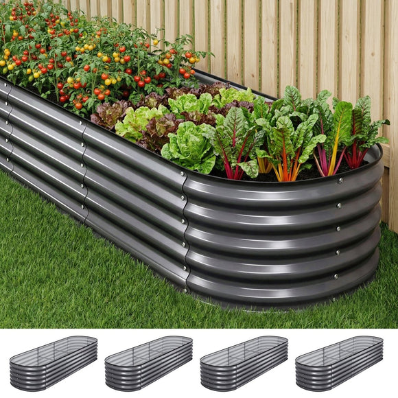 Green Fingers 4 Pcs Raised Garden Bed Kit Oval Galvanized Steel Planter Boxes 240x80x42cm, Heavy Duty Metal Elevated Garden Bed for Vegetables Flowers Herbs, with Safety Edging, Gloves & Pegs Included - RnR Galore