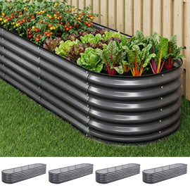 Green Fingers 4 Pcs Raised Garden Bed Kit Oval Galvanized Steel Planter Boxes 320x80x56cm, Heavy Duty Metal Elevated Garden Bed for Vegetables Flowers Herbs, with Safety Edging, Gloves & Pegs Included - RnR Galore