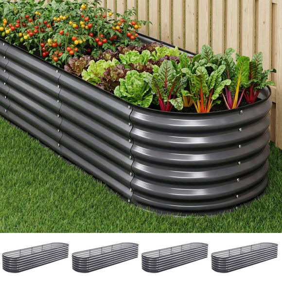 Green Fingers 4 Pcs Raised Garden Bed Kit Oval Galvanized Steel Planter Boxes 320x80x56cm, Heavy Duty Metal Elevated Garden Bed for Vegetables Flowers Herbs, with Safety Edging, Gloves & Pegs Included - RnR Galore