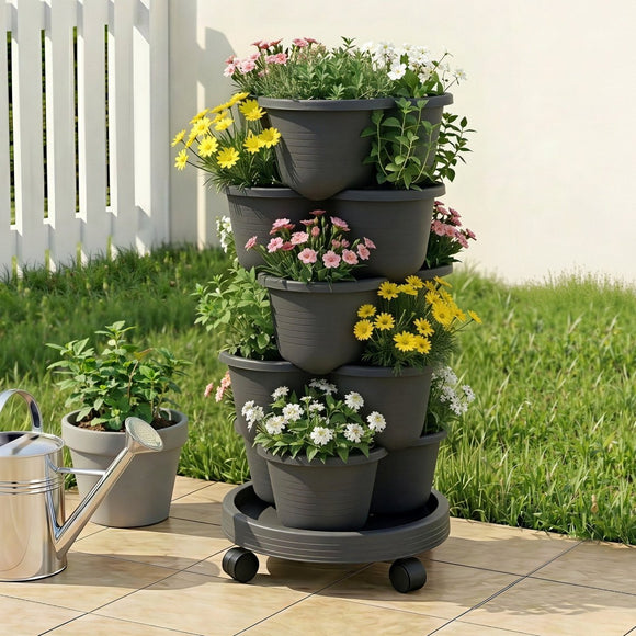 Green Fingers 5 Tier Vertical Garden Planter, Stackable Planters with 4 Wheels, Black, Raised Garden Bed, Garden Tower Indoor Outdoor, Auto Drainage System, for Strawberries, Herbs, Flower, Vegetables - RnR Galore